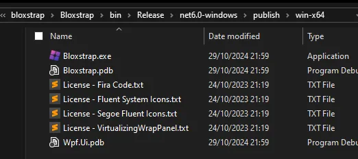 Screenshot showing the Bloxstrap build folder, with Bloxstrap.exe present