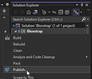 Screenshot showing the 'Bloxstrap' project being right-clicked in the Solution Explorer, with a 'Publish' option visible