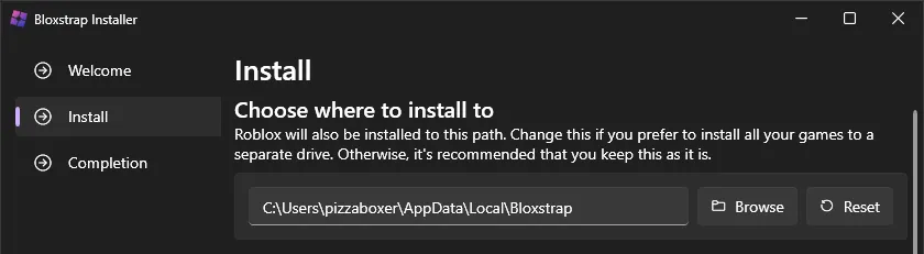 SCreenshot showing the Bloxstrap Installer asking the user to 'choose where to install to'