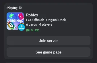 A user's discord game activity showing the Roblox game 'LOCOfficial' with custom game info