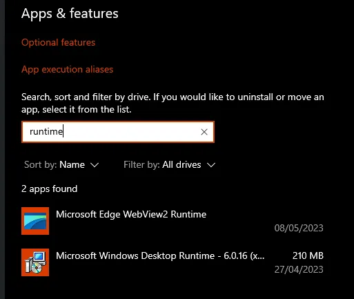 Screenshot of the Windows Settings app in 'Apps & Features', showing 'Microsoft Windows Desktop Runtime - 6.0.16'