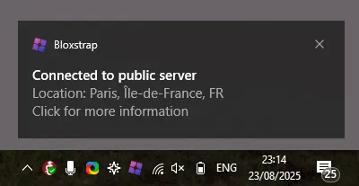 Screenshot of a Windows notification showing the player's server is located in France