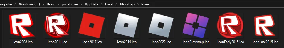 A screenshot of the Bloxstrap's Icons folder, showing all the different Roblox icons and a Bloxstrap icon